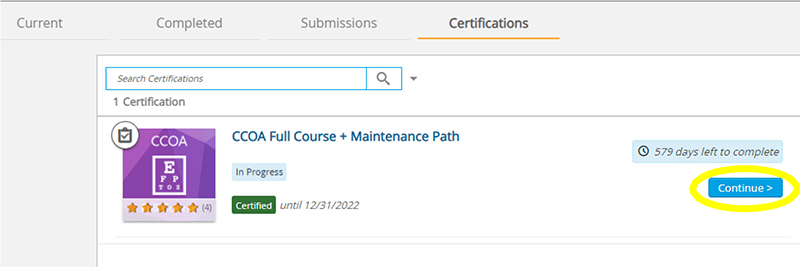View of certifications tab