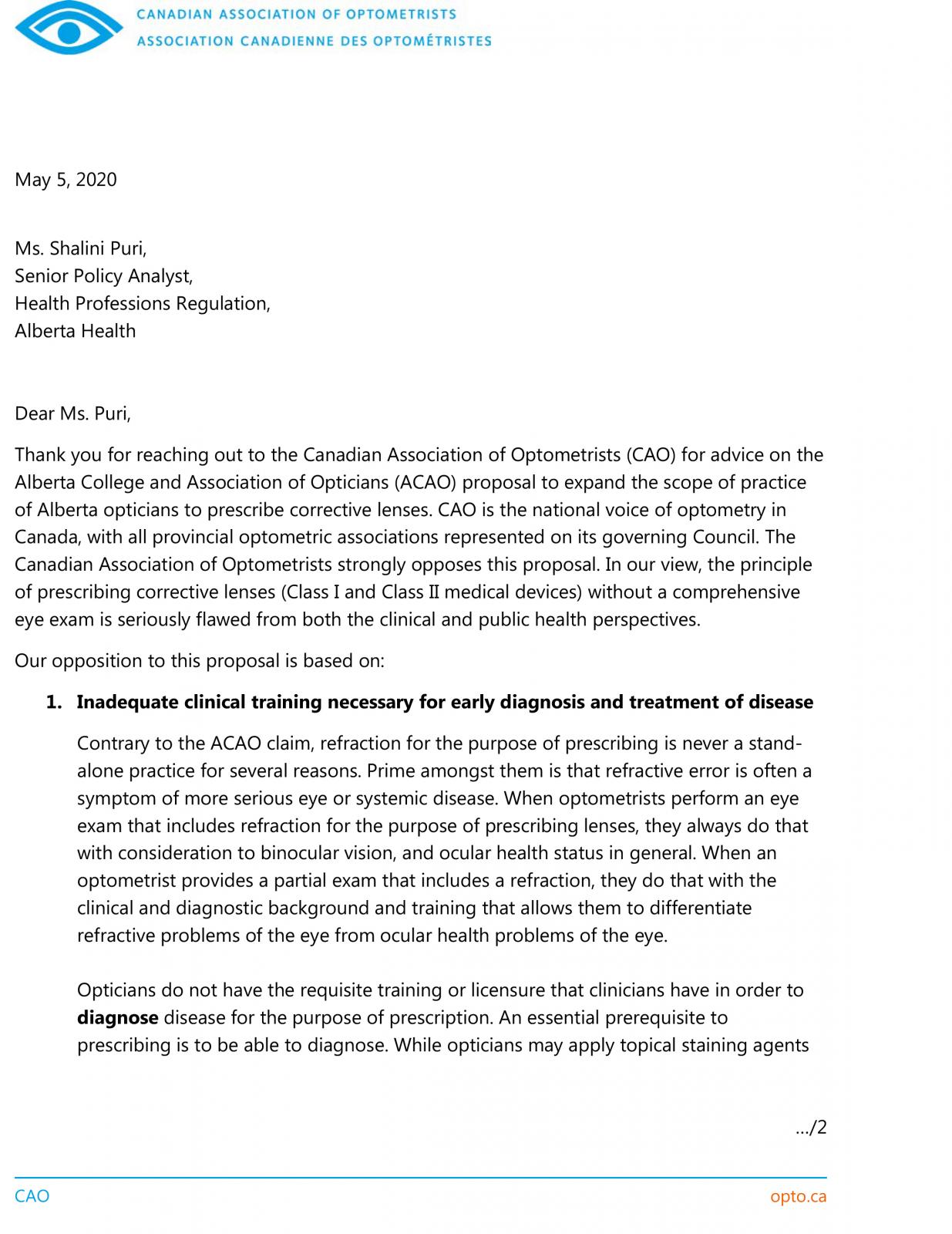 CAO response to Alberta Health review of Opticians’ scope of practice
