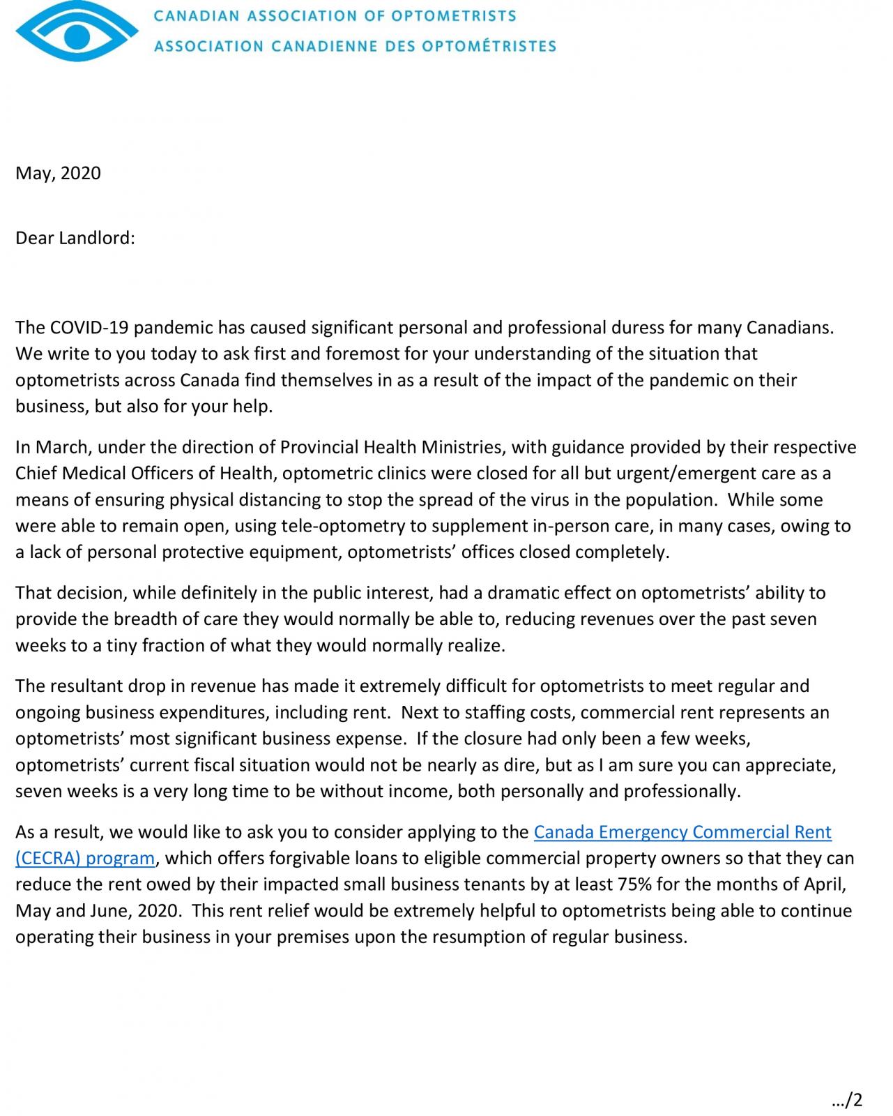 CAO Rent Relief Letter