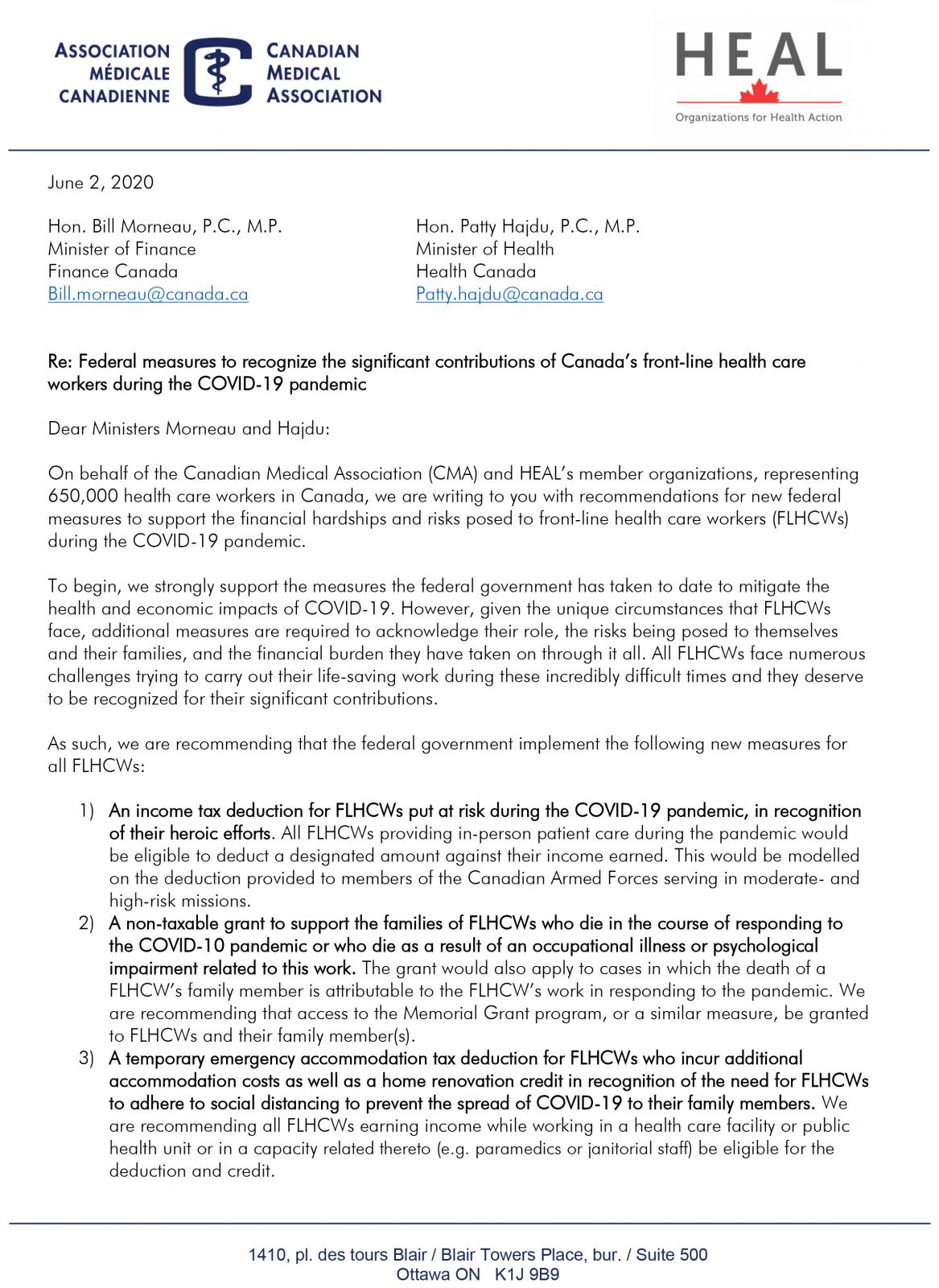 Federal measures to recognize the significant contributions of Canada’s front-line health care workers during the COVID-19 pandemic