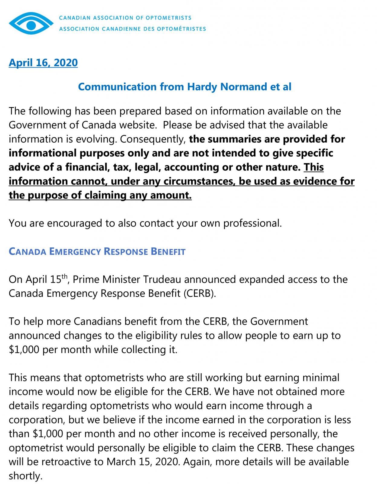 Communication from Hardy Normand et al