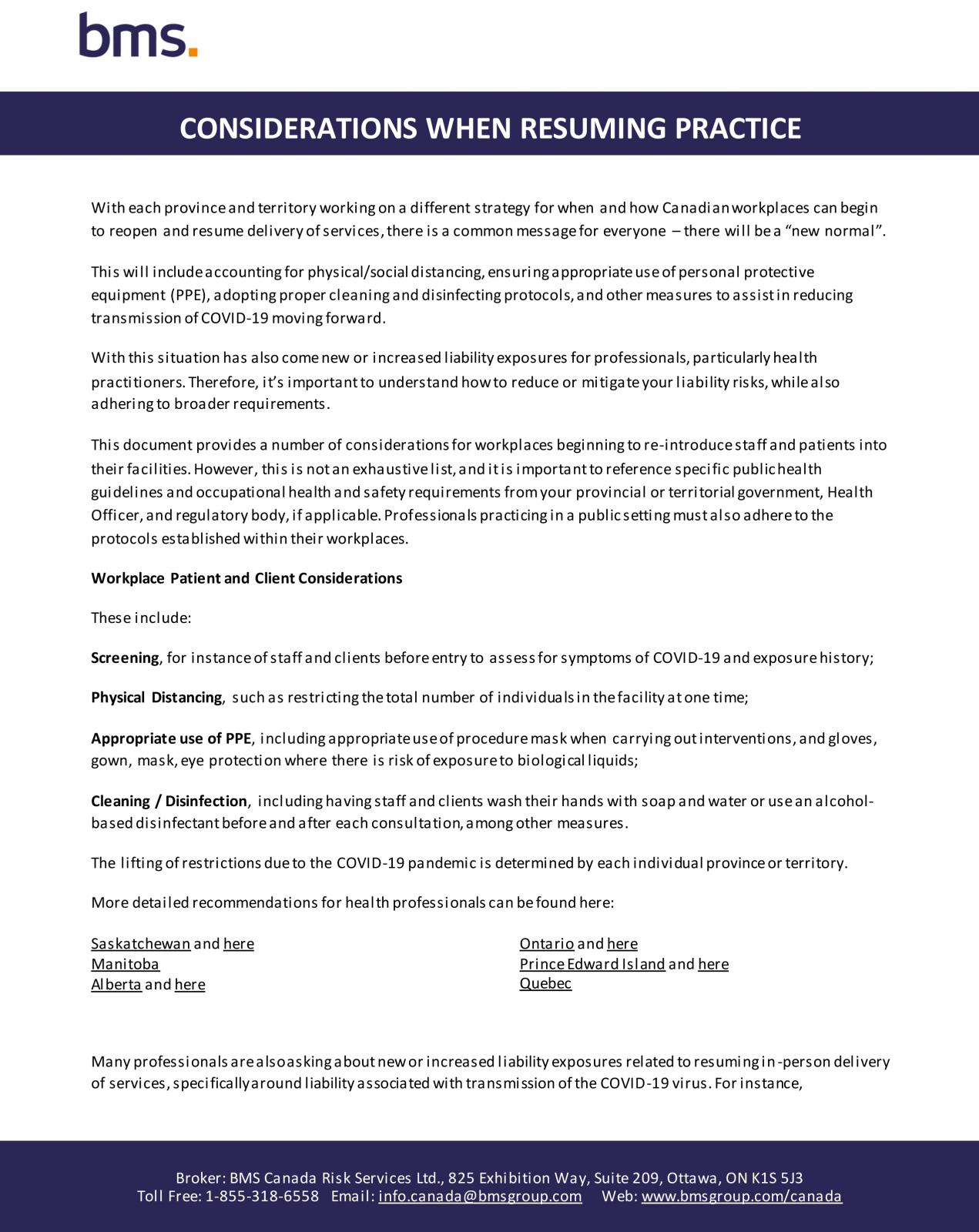 CONSIDERATIONS WHEN RESUMING PRACTICE