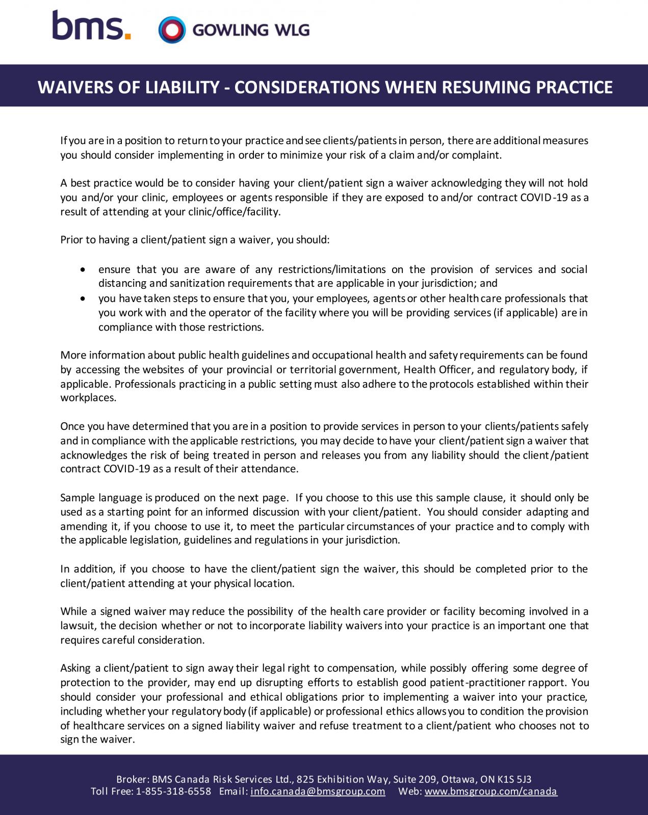 WAIVERS OF LIABILITY - CONSIDERATIONS WHEN RESUMING PRACTICE