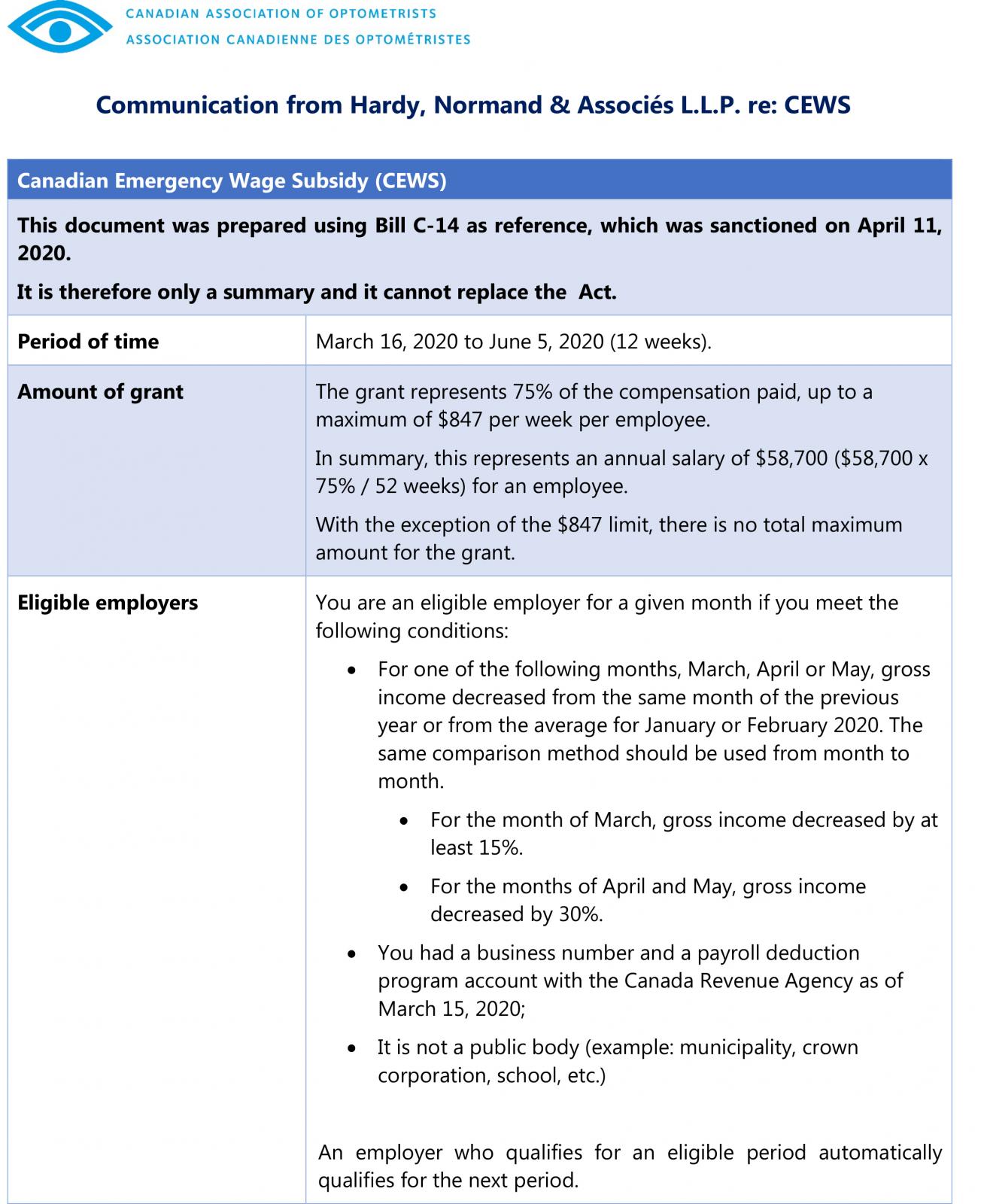 Communication from Hardy, Normand & Associés L.L.P. re: CEWS