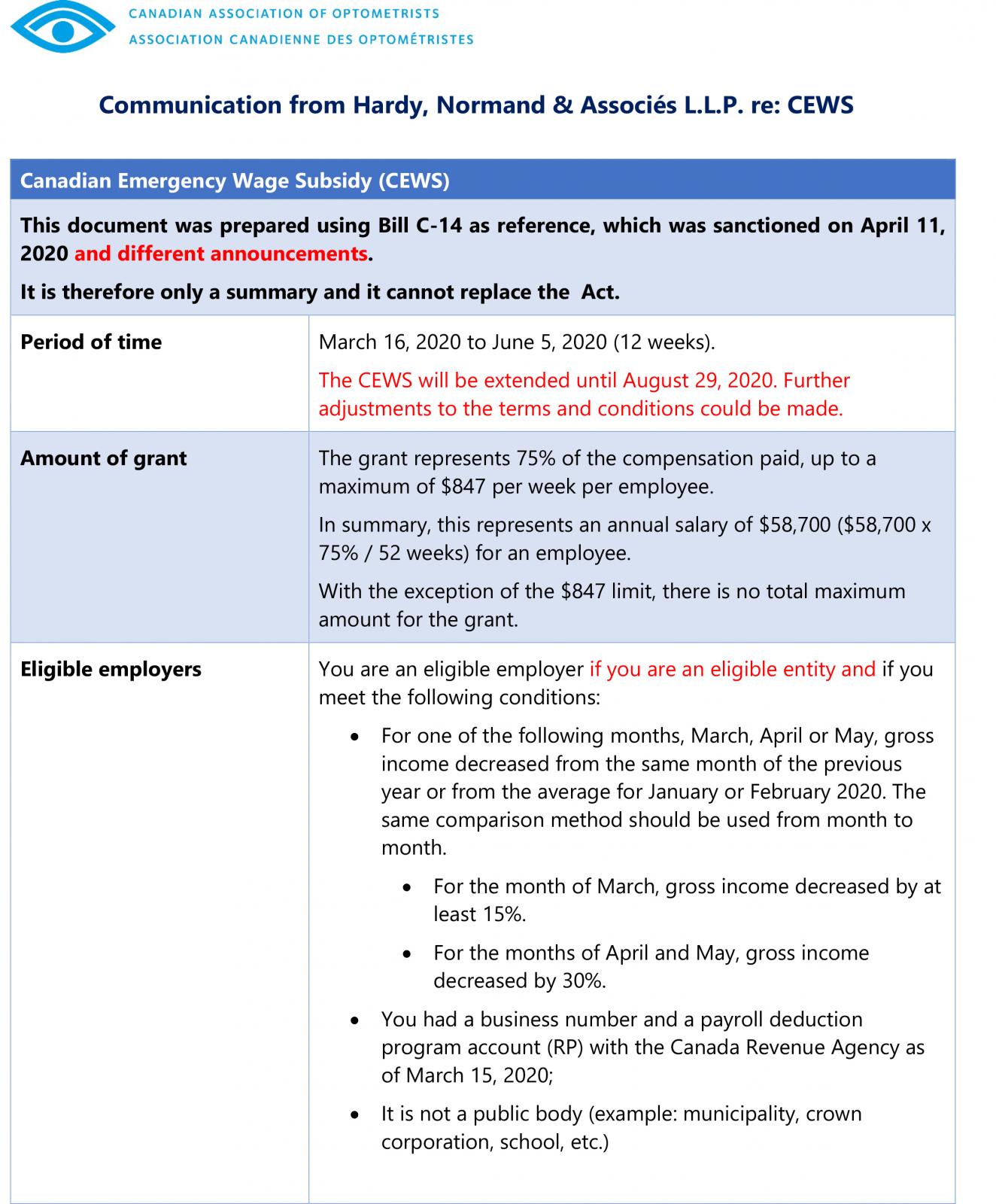 Communication from Hardy, Normand & Associés L.L.P. re: CEWS March 16 to June 5 2020