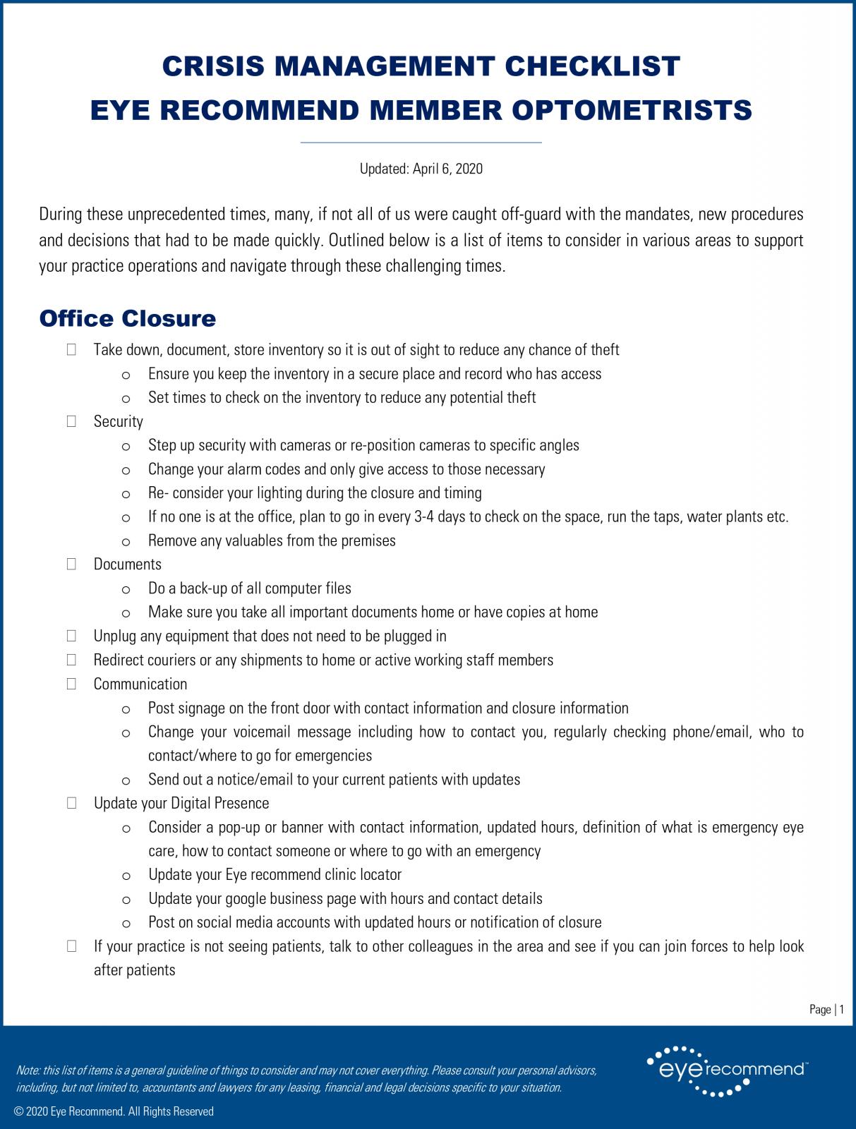 CRISIS MANAGEMENT CHECKLIST