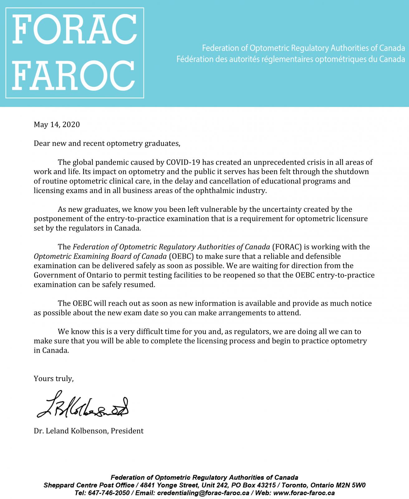 FORAC Letter to New Grads RE OEBC Exam