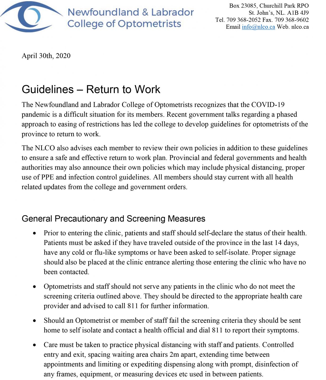 Newfoundland & Labrador: Guidelines – Return to Work
