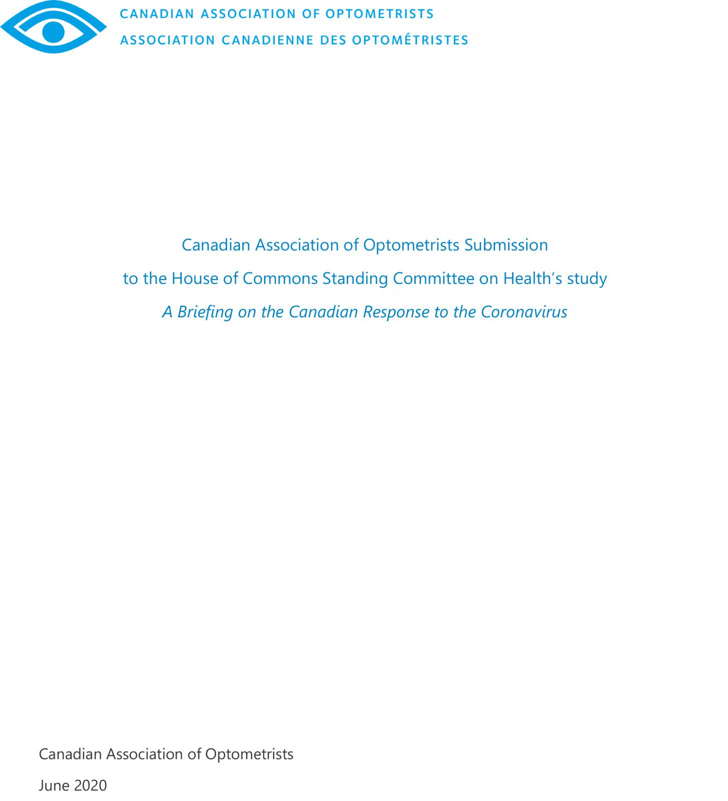 Submission to the House Standing Committee on Health study of the Canadian Response to the Outbreak of Coronavirus