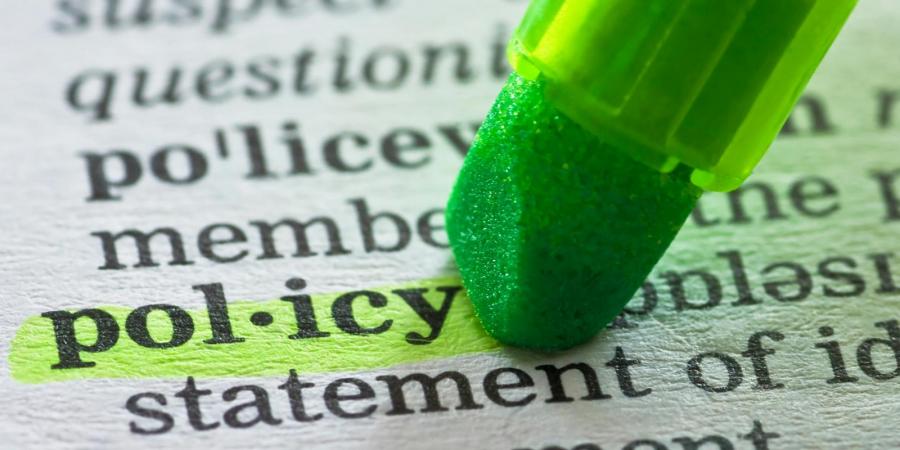 green highlighter pen over word policy in a dictionary